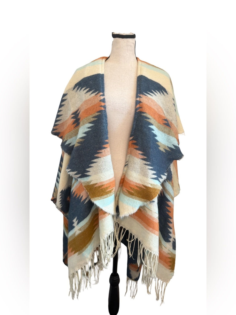 Free People Southwestern Ruana Wrap Cape Fringe Boho Aztec Blanket Cardigan OS